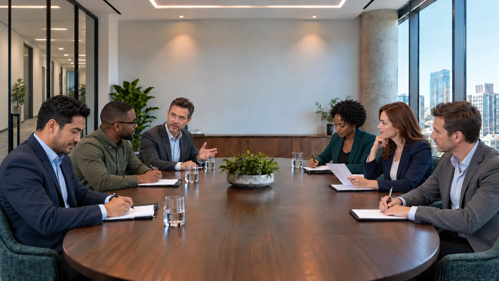 Six AI colleagues collaborating around the table in the OPC virtual office